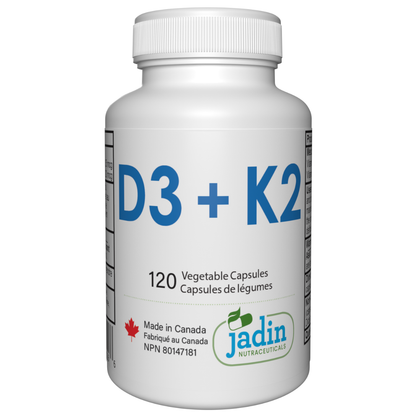Jadin Vitamin D3 K2 MK-7 120 vegetable capsules made in Canada NPN 80147181 GMP certified
