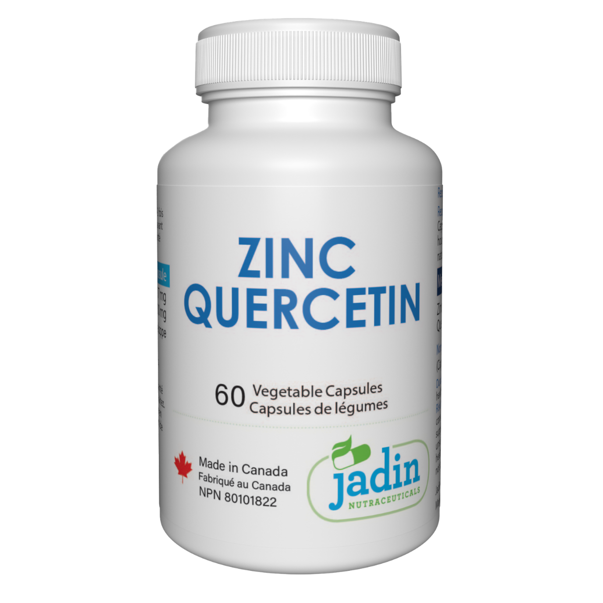 Jadin Zinc Bisglycinate Quercetin 60 vegetable capsules made in Canada NPN 80101822 GMP certified