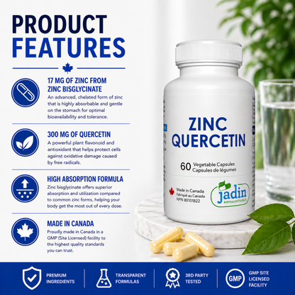 17 mg zinc bisglycinate 300 mg quercetin high absorption formula made in canada