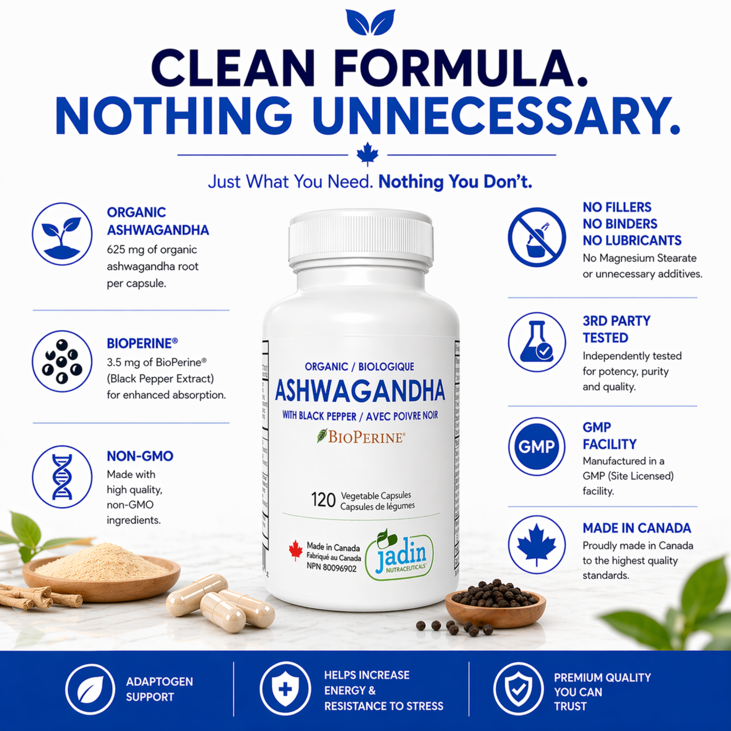 organic ashwagandha 625 mg bioperine 3.5 mg non gmo no fillers no binders no lubricants no magnesium stearate 3rd party tested gmp facility made in canada