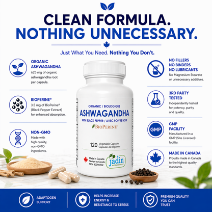 organic ashwagandha 625 mg bioperine 3.5 mg non gmo no fillers no binders no lubricants no magnesium stearate 3rd party tested gmp facility made in canada