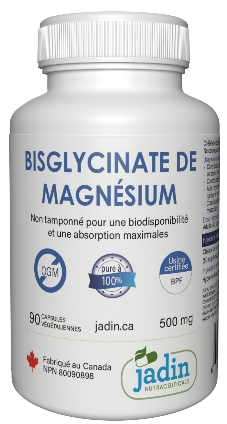 Jadin Magnesium Bisglycinate 500mg french label NPN 80090898 made in Canada