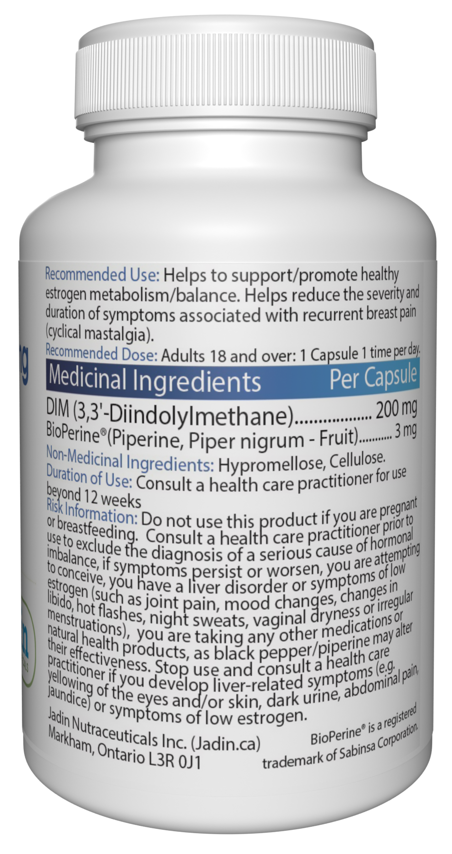 Jadin DIM 200mg Diindolylmethane supplement facts back label NPN 80110527 made in Canada