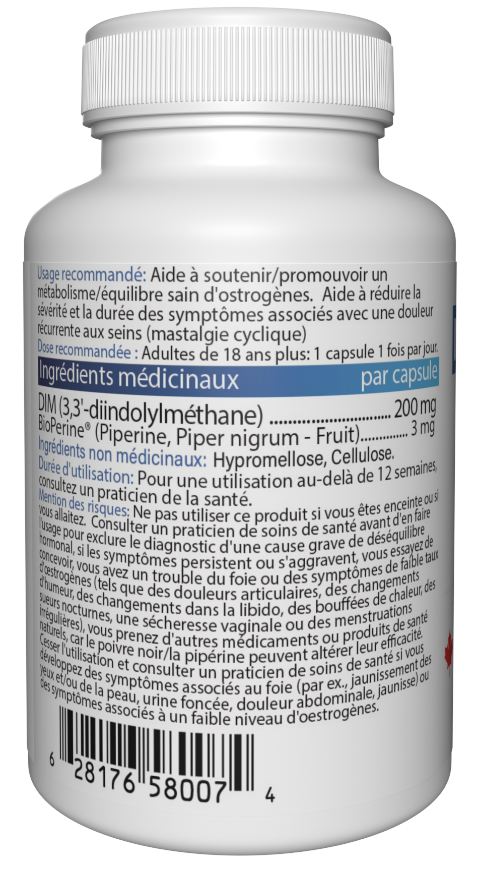 Jadin DIM 200mg Diindolylmethane supplement facts back label NPN 80110527 made in Canada