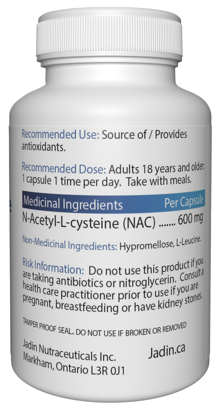 Jadin NAC N-Acetyl-L-Cysteine supplement facts back label 600mg NPN 80111356 made in Canada