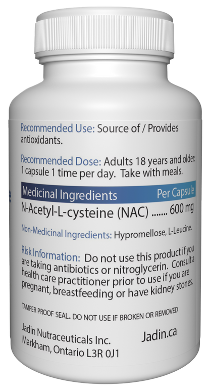 Jadin NAC N-Acetyl-L-Cysteine supplement facts back label 600mg NPN 80111356 made in Canada