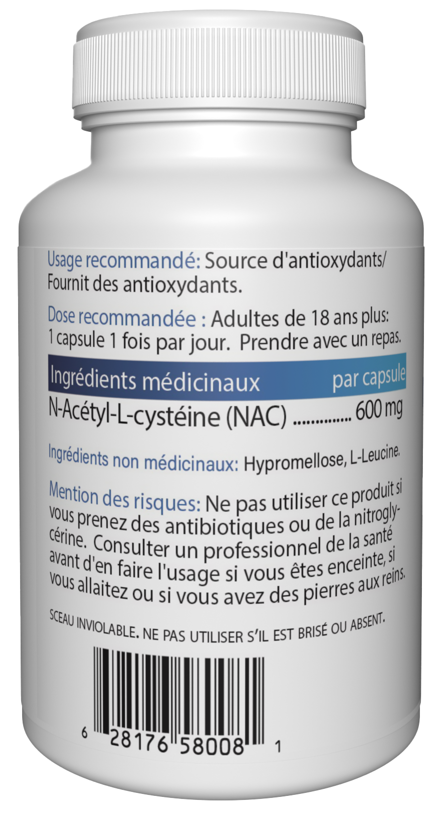 Jadin NAC N-Acetyl-L-Cysteine supplement facts back label 600mg NPN 80111356 made in Canada