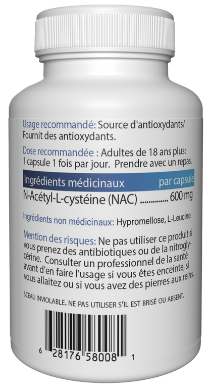 Jadin NAC N-Acetyl-L-Cysteine supplement facts back label 600mg NPN 80111356 made in Canada