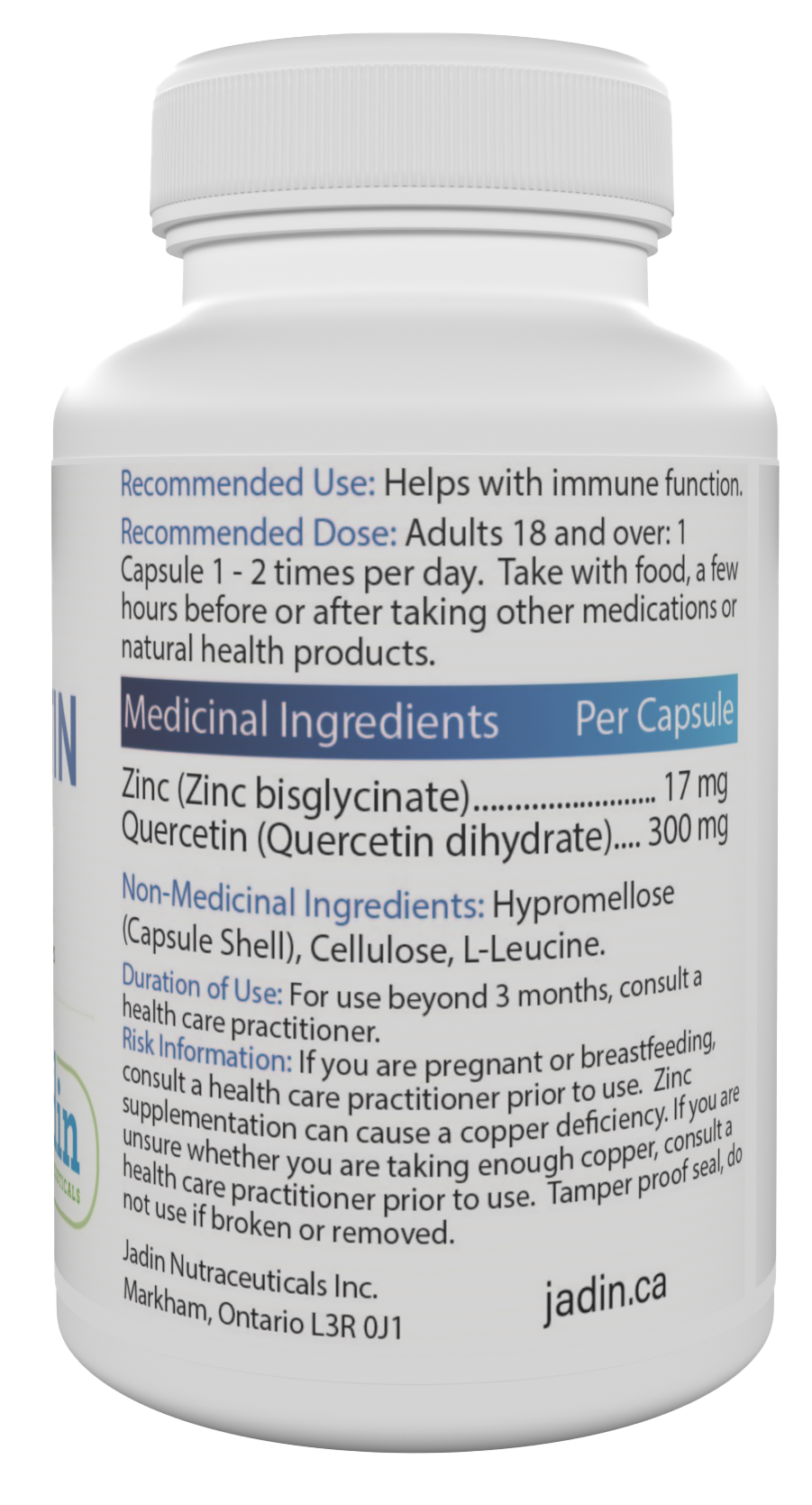 Jadin Zinc Bisglycinate Quercetin supplement facts back label NPN 80101822 made in Canada