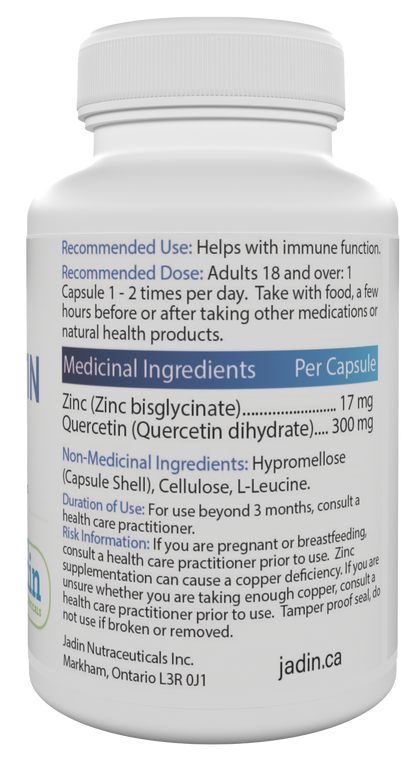 Jadin Zinc Bisglycinate Quercetin supplement facts back label NPN 80101822 made in Canada