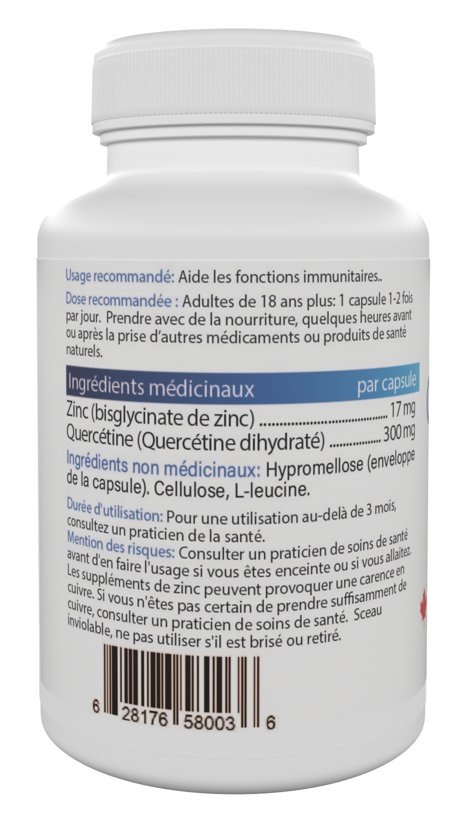 Jadin Zinc Bisglycinate Quercetin supplement facts back label NPN 80101822 made in Canada