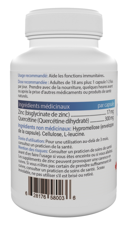 Jadin Zinc Bisglycinate Quercetin supplement facts back label NPN 80101822 made in Canada